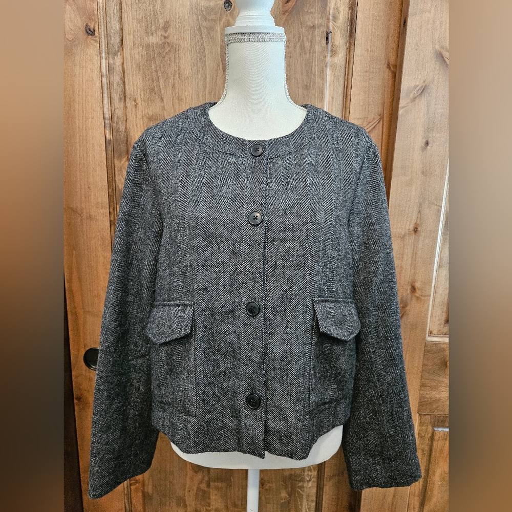 Nordstrom Womens XXL Gray Herringbone Wool Blend Collarless Blazer Jacket